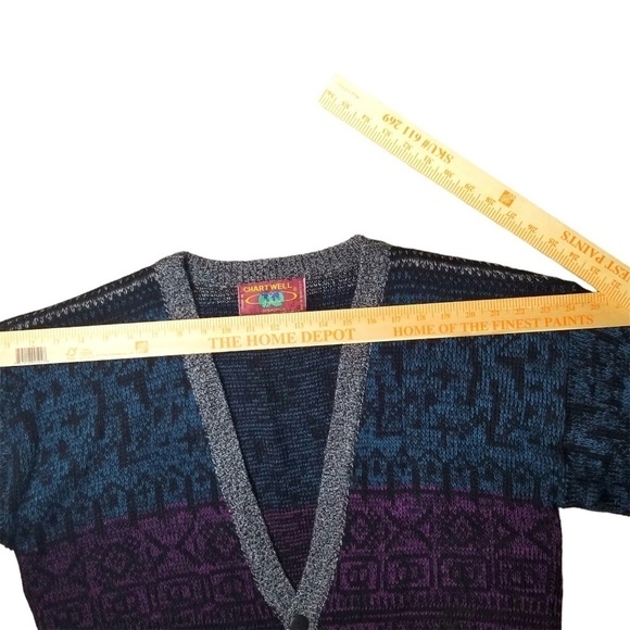 Vintage 90s Purple and Teal Printed Cozy Cardigan Grandpa Sweater Size Large - Picture 6 of 7